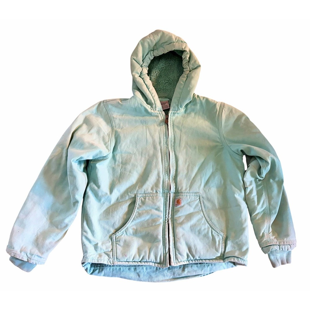 Carhartt Kids Zip Up Hooded Jacket Size Medium 10-12 Aqua With Sherpa Lining